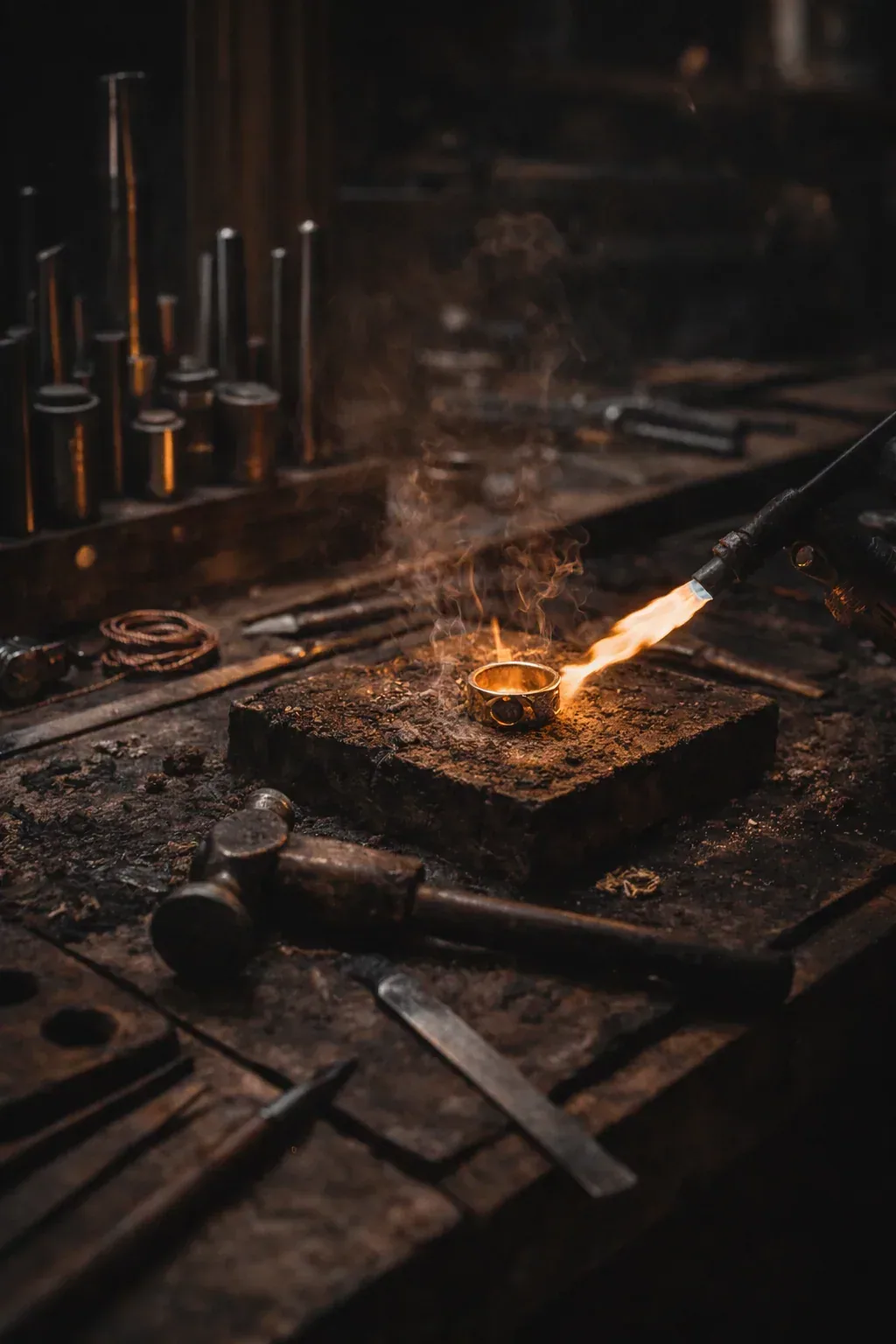 Wenu Mapu workshop bench with metalwork tools and a ring being heated