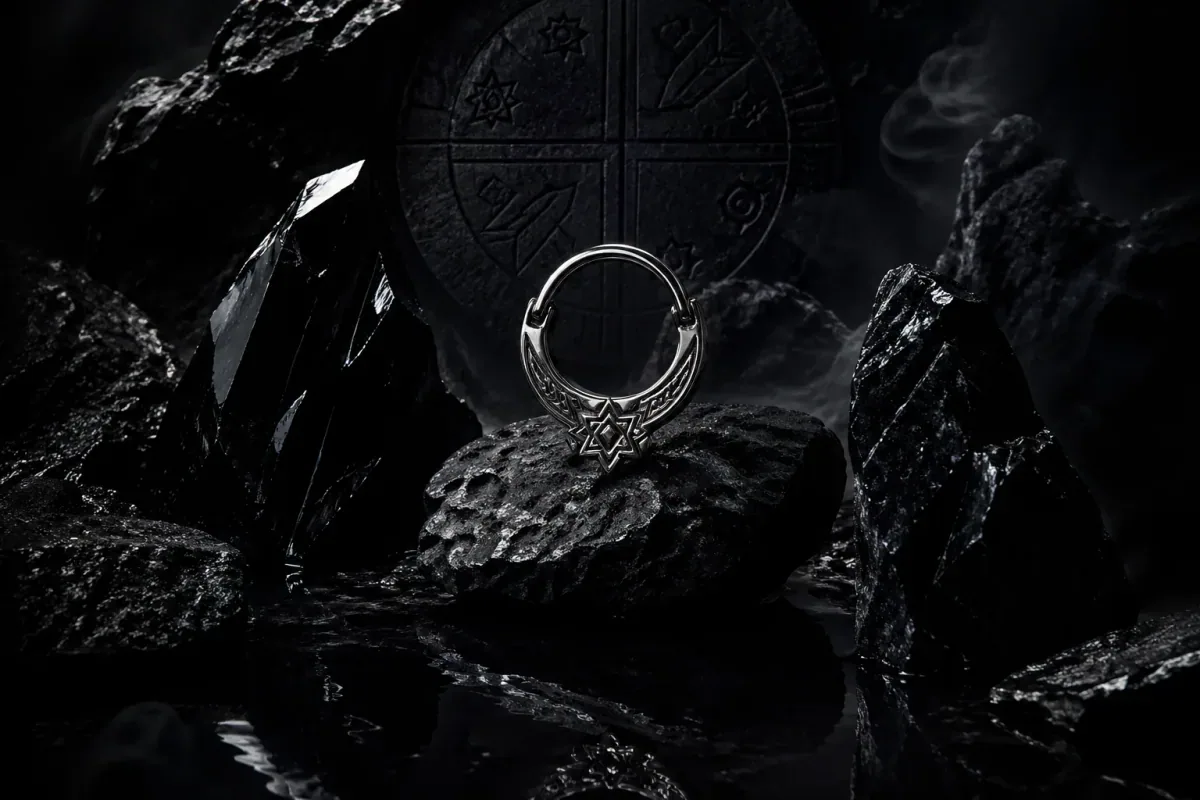 Silver ritual septum jewelry photographed on obsidian stone